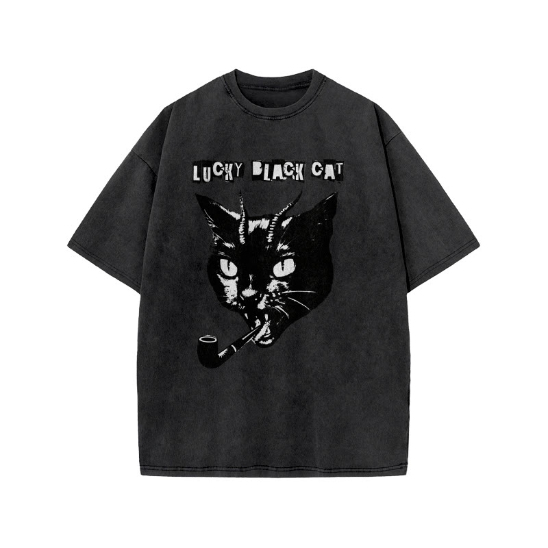 Unisex 100% Cotton Lucky Black Cat Print Acid Washed T-shirt - Black - US20-22(3XL) - image 2