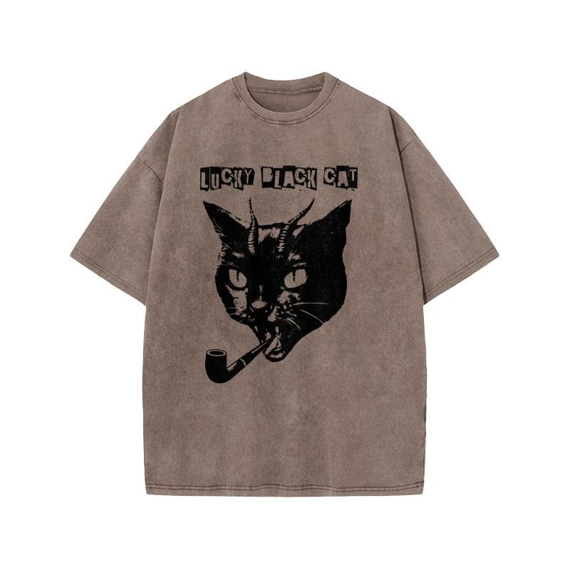 Unisex 100% Cotton Lucky Black Cat Print Acid Washed T-shirt - Coffee - US20-22(3XL) - image 3