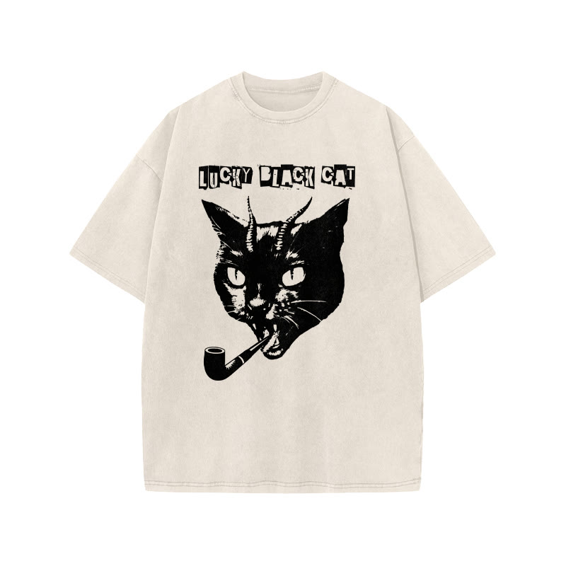 Unisex 100% Cotton Lucky Black Cat Print Acid Washed T-shirt - Beige - US20-22(3XL) - image 1