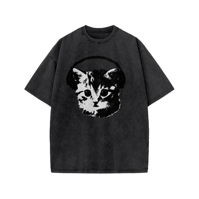 Unisex 100% Cotton Listening Cat Print Acid Washed T-shirt - Black - US20-22(3XL) - image 2