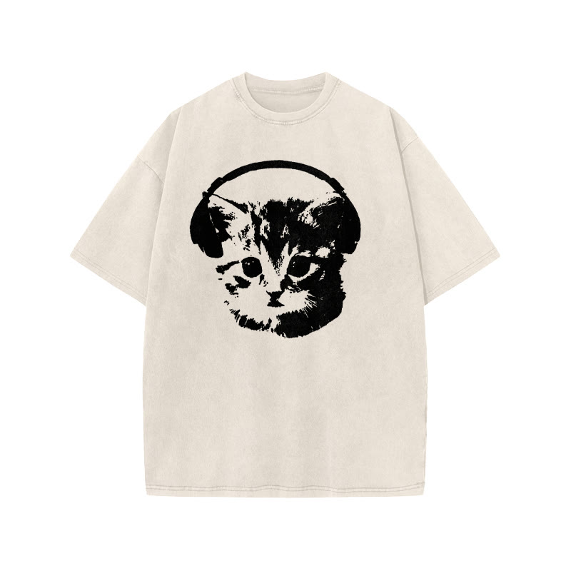 Unisex 100% Cotton Listening Cat Print Acid Washed T-shirt - Beige - US20-22(3XL) - image 1