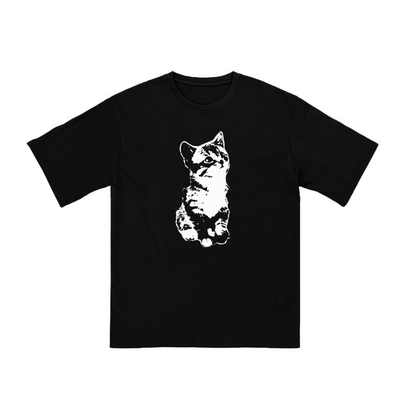 Unisex 100% Cotton Quiet And Well-behaved Cat Print T-shirt - Black - US16-18(2XL) - image 2
