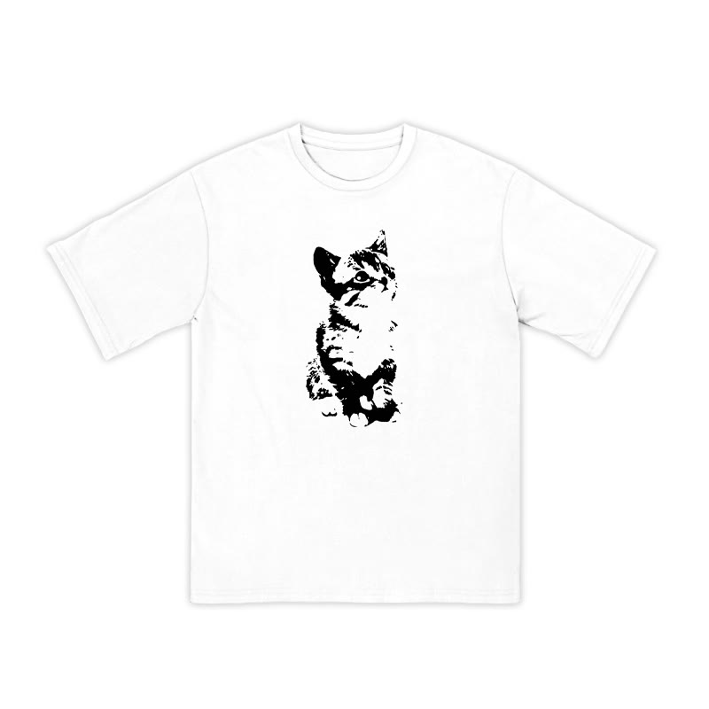Unisex 100% Cotton Quiet And Well-behaved Cat Print T-shirt - White - US16-18(2XL) - image 1