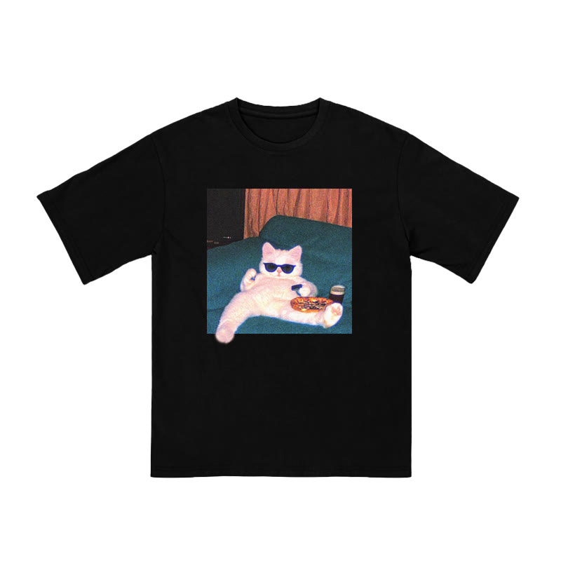 Unisex 100% Cotton Cool Cat Print T-shirt - Black - US16-18(2XL) - image 1