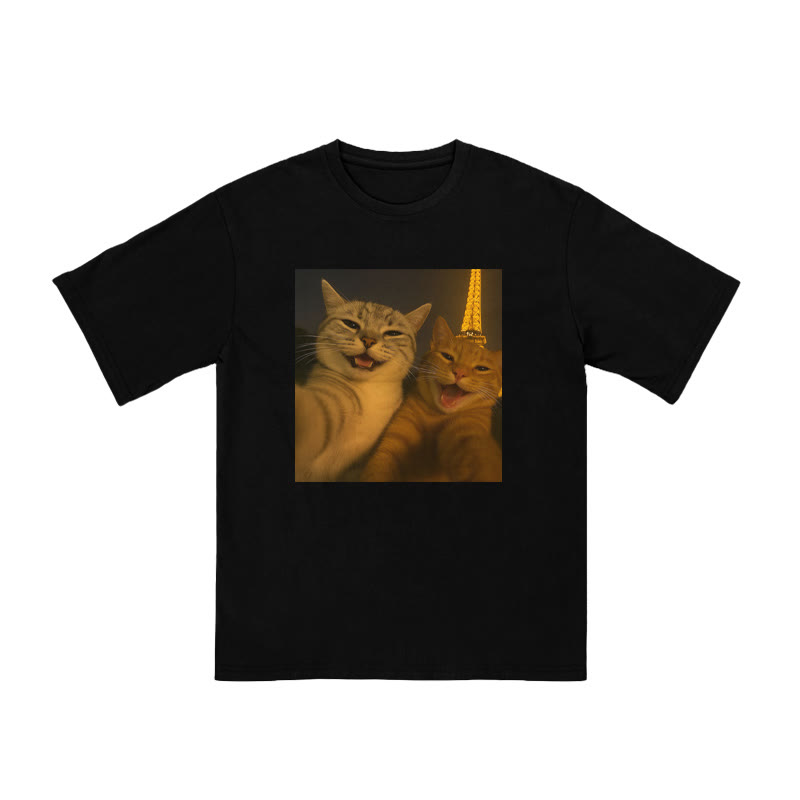 Unisex 100% Cotton Selfie Cat Print T-shirt - Black - US16-18(2XL) - image 1