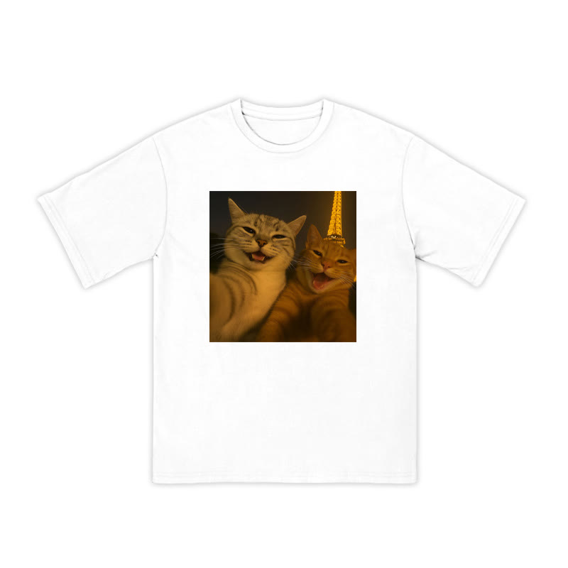 Unisex 100% Cotton Selfie Cat Print T-shirt - White - US16-18(2XL) - image 2
