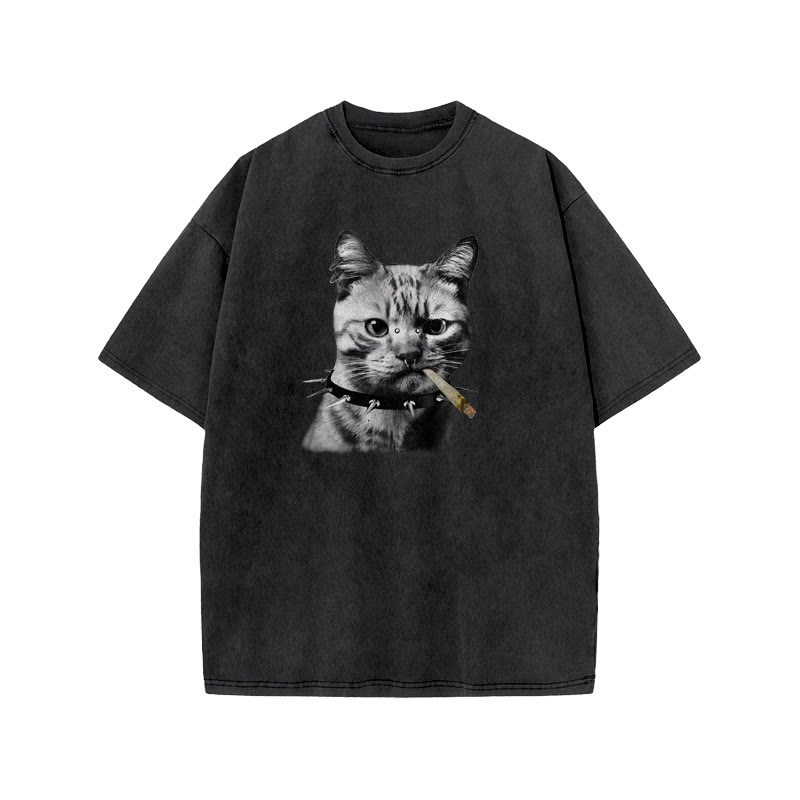 Unisex 100% Cotton Provoking The Cat Print Acid Washed T-shirt - Black - US20-22(3XL) - image 1