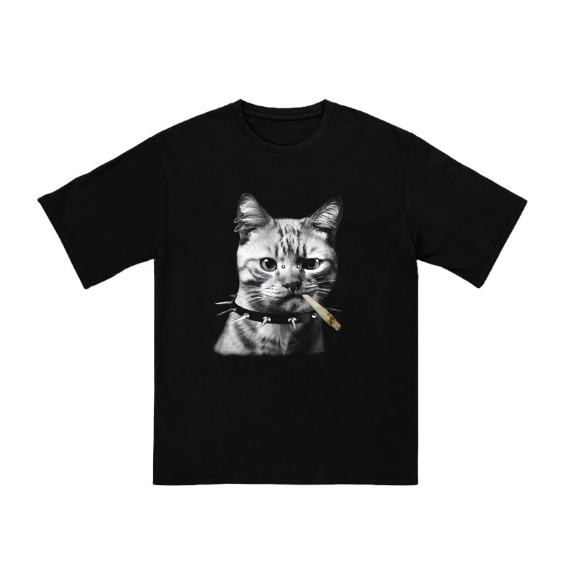 Unisex 100% Cotton Provocative Cat Print T-shirt - Black - US16-18(2XL) - image 1