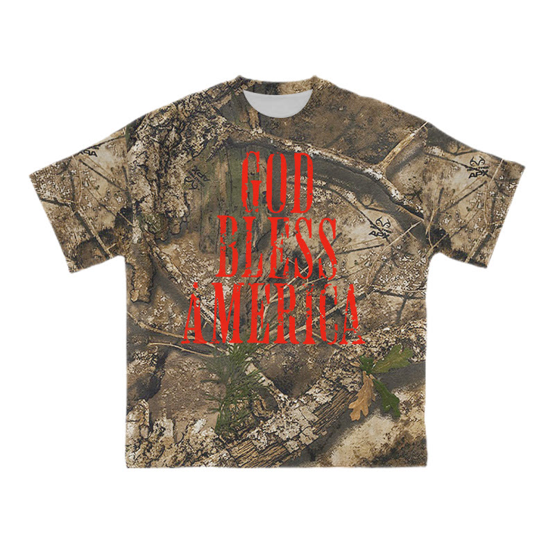 Unisex God Bless America Dead Leaves Camo Print T-shirt - Brown - 8XL - image 1