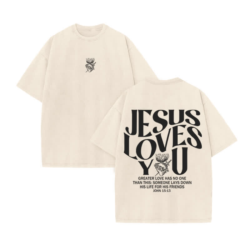 Unisex 100% Cotton JESUS LOVES YOU Print Acid Washed T-shirt - Beige - US20-22(3XL) - image 2