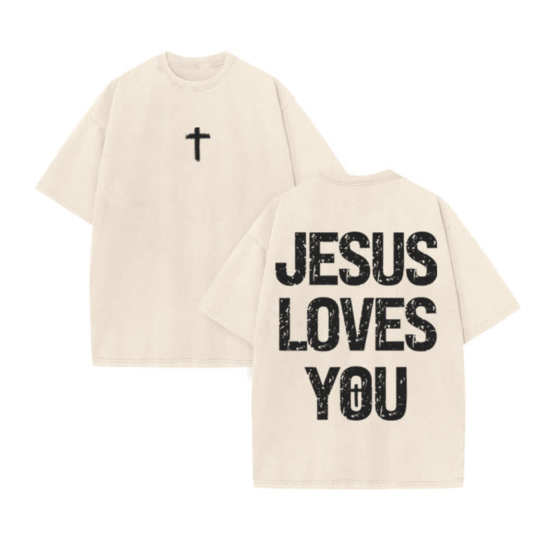 Unisex 100% Cotton JESUS LOVES YOU Mottled Font Print Acid Washed T-shirt - Beige - US20-22(3XL) - image 2