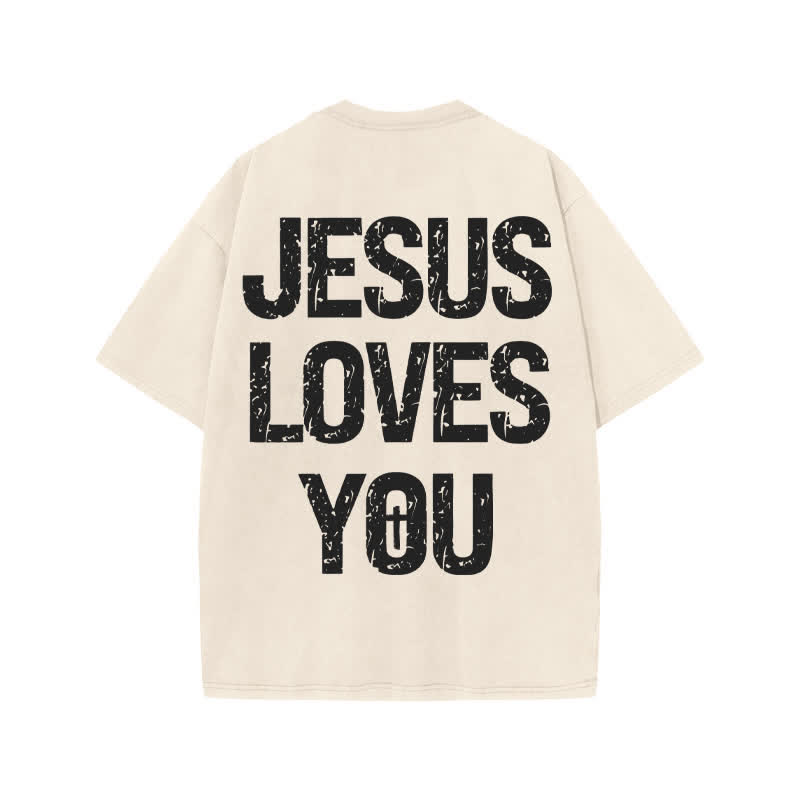Unisex 100% Cotton JESUS LOVES YOU Mottled Font Print Acid Washed T-shirt - image 1