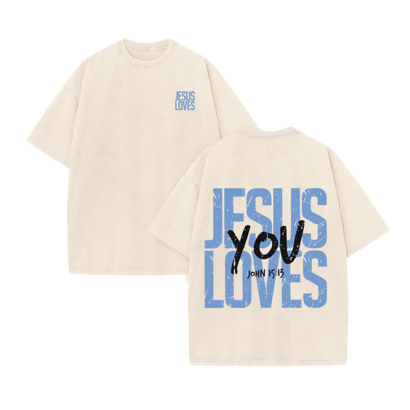 Unisex 100% Cotton JESUS LOVES YOU Print Acid Washed T-shirt - Beige - US20-22(3XL) - image 2