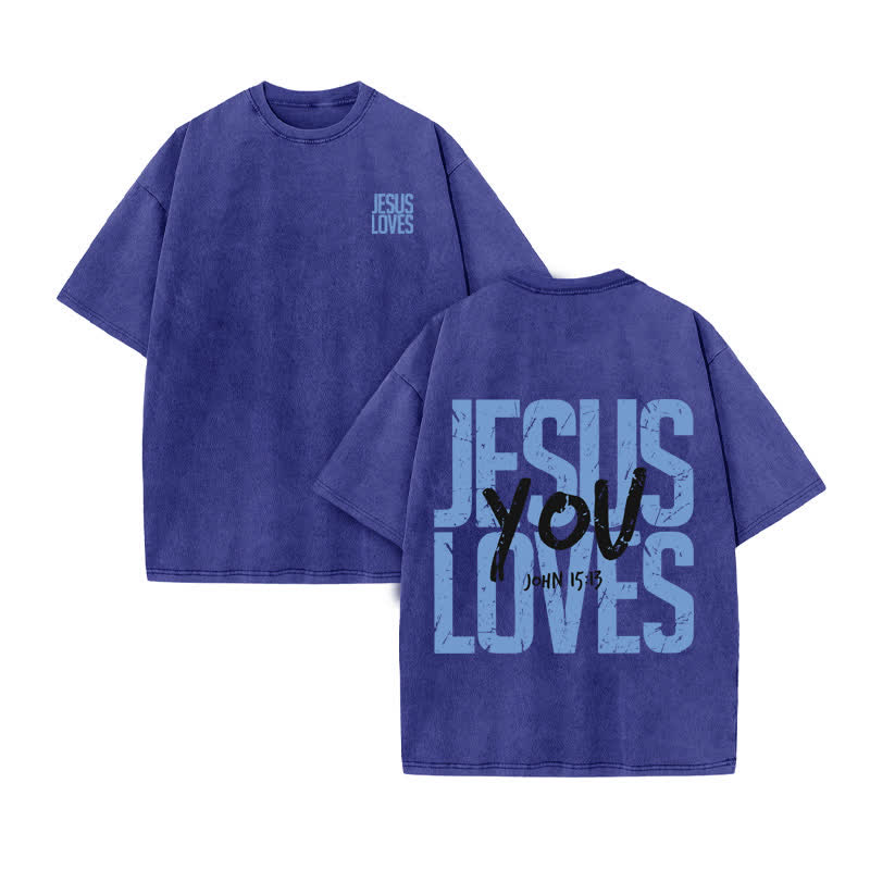 Unisex 100% Cotton JESUS LOVES YOU Print Acid Washed T-shirt - Blue - US20-22(3XL) - image 9