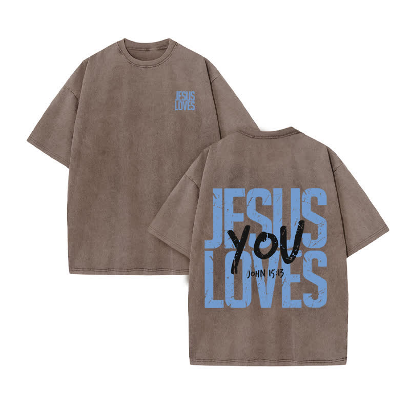 Unisex 100% Cotton JESUS LOVES YOU Print Acid Washed T-shirt - Coffee - US20-22(3XL) - image 4