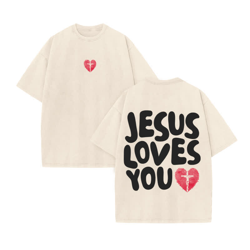 Unisex 100% Cotton JESUS LOVES YOU Love Fingerprint Print Acid Washed T-shirt - Beige - US20-22(3XL) - image 2