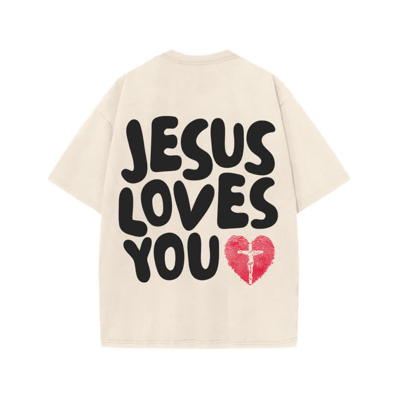 Unisex 100% Cotton JESUS LOVES YOU Love Fingerprint Print Acid Washed T-shirt - image 1