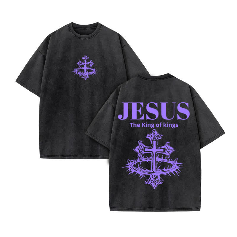 Unisex 100% Cotton JESUS IS KING Crown Of Thorns Cross Print Acid Washed T-shirt - Black - US20-22(3XL) - image 2