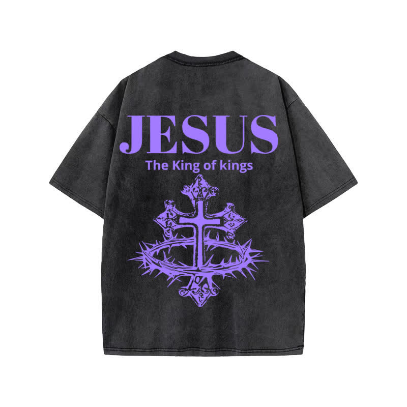 Unisex 100% Cotton JESUS IS KING Crown Of Thorns Cross Print Acid Washed T-shirt - image 1