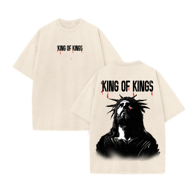 Unisex 100% Cotton JESUS IS KING Gtears Of God Print Acid Washed T-shirt - Beige - US20-22(3XL) - image 2