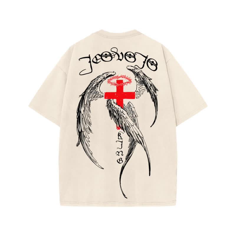 Unisex 100% Cotton JESUS IS KING Four-winged Cross Print Acid Washed T-shirt - image 1