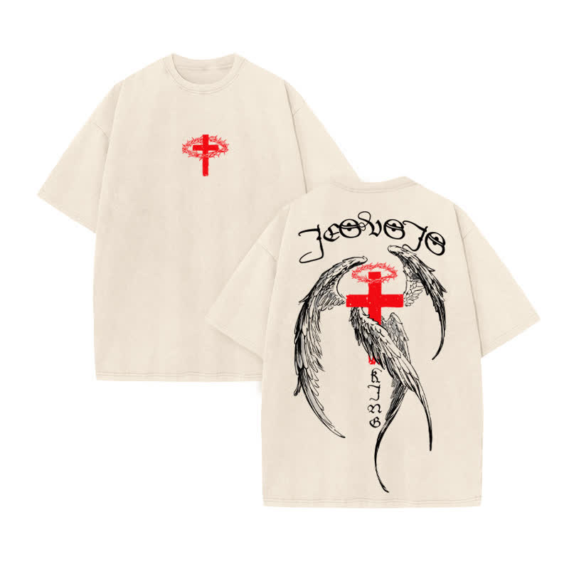 Unisex 100% Cotton JESUS IS KING Four-winged Cross Print Acid Washed T-shirt - Beige - US20-22(3XL) - image 2