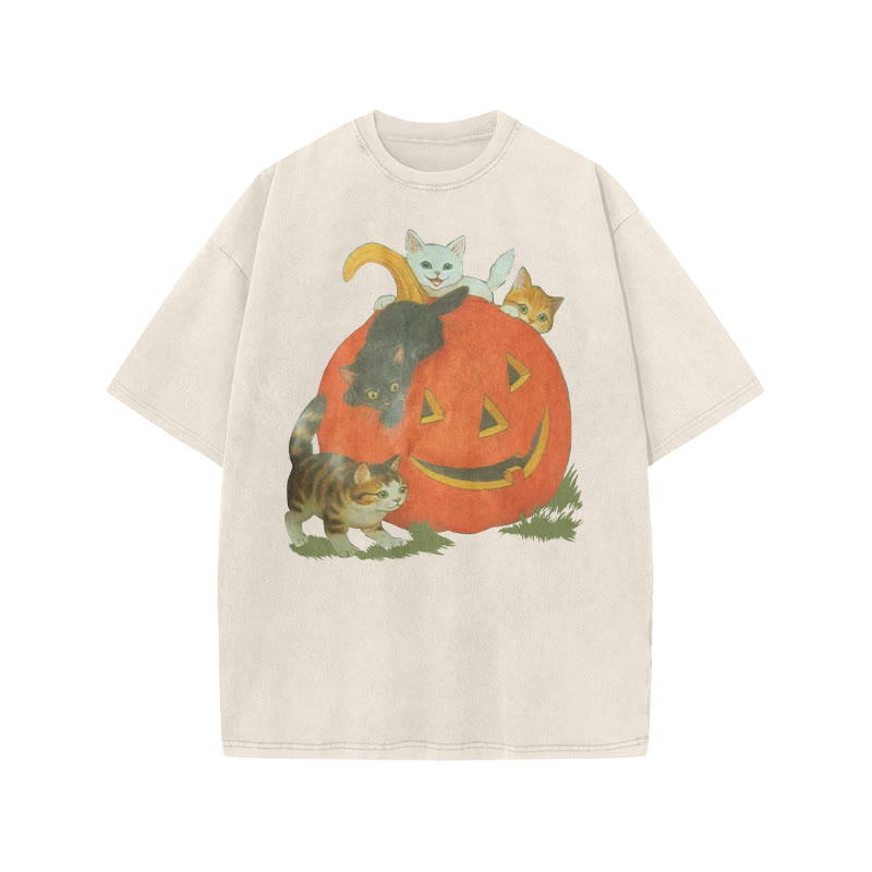 Unisex 100% Cotton Cats Playing On Pumpkins Halloween Print Acid Washed T-shirt - Beige - US20-22(3XL) - image 2