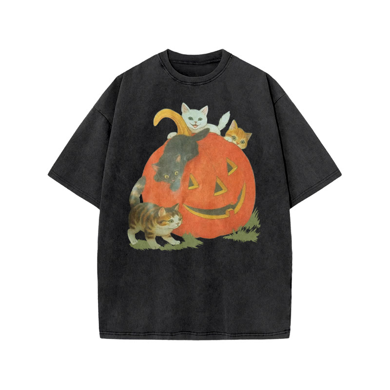 Unisex 100% Cotton Cats Playing On Pumpkins Halloween Print Acid Washed T-shirt - Black - US20-22(3XL) - image 1