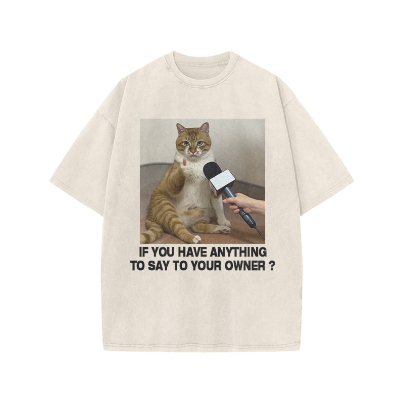 Unisex 100% Cotton Interviewed Cat Print Acid Washed T-shirt - Beige - US20-22(3XL) - image 2
