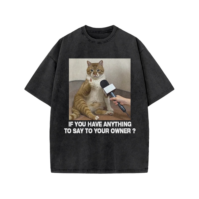 Unisex 100% Cotton Interviewed Cat Print Acid Washed T-shirt - Black - US20-22(3XL) - image 1