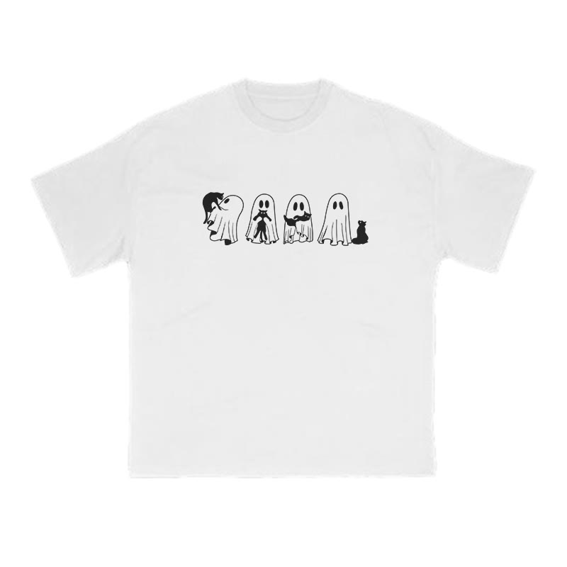 Unisex 100% Cotton Little Ghosts Playing With Cats Halloween Print T-shirt - White - US16-18(2XL) - image 1