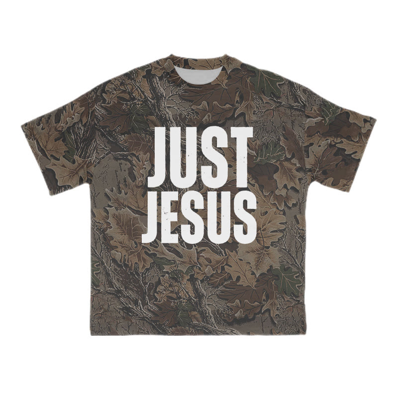 Unisex Just Jesus Dead Leaves Camo Print T-shirt - Brown - 8XL - image 1