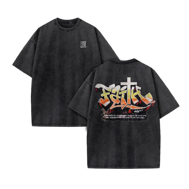Unisex 100% Cotton Creative Faith Over Fear Print Acid Washed T-shirt - Black - US20-22(3XL) - image 2
