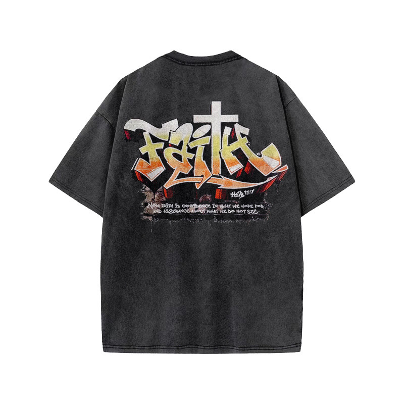 Unisex 100% Cotton Creative Faith Over Fear Print Acid Washed T-shirt - image 1