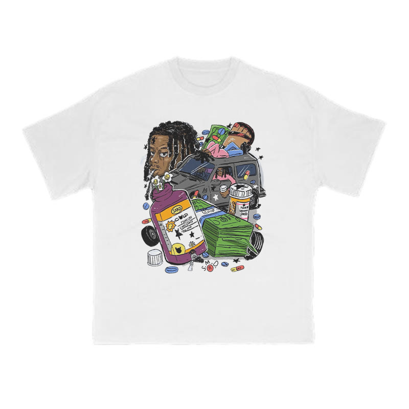 Unisex 100% Cotton Creative Illustrations Print T-shirt - White - US16-18(2XL) - image 2