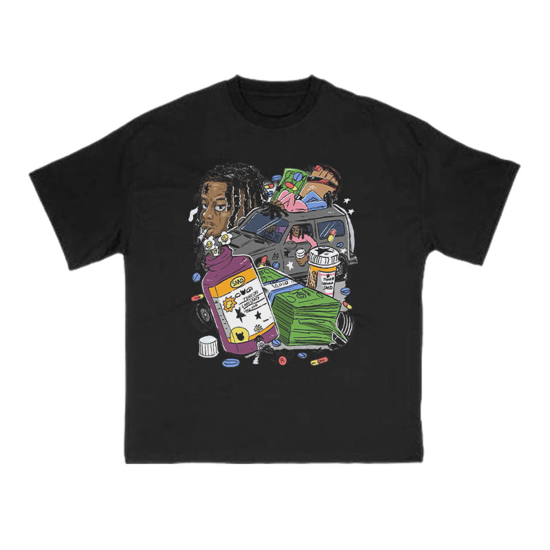 Unisex 100% Cotton Creative Illustrations Print T-shirt - Black - US16-18(2XL) - image 1