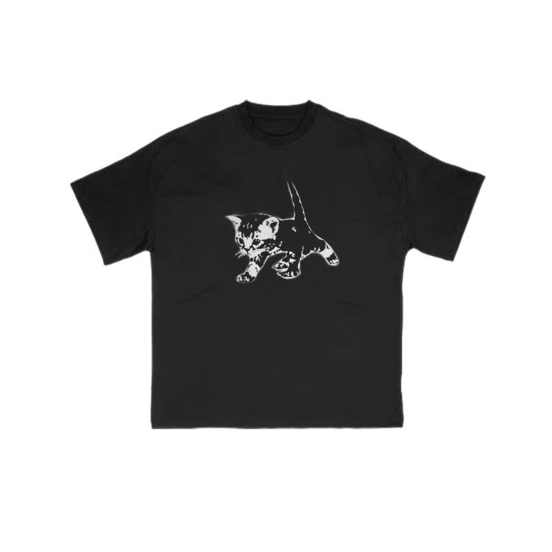 Unisex 100% Cotton Cute Cat Art Print T-shirt - Black - US16-18(2XL) - image 2