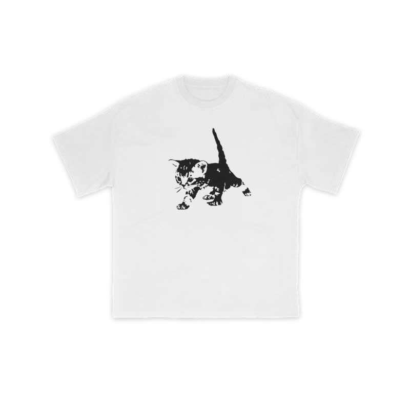 Unisex 100% Cotton Cute Cat Art Print T-shirt - White - US16-18(2XL) - image 1