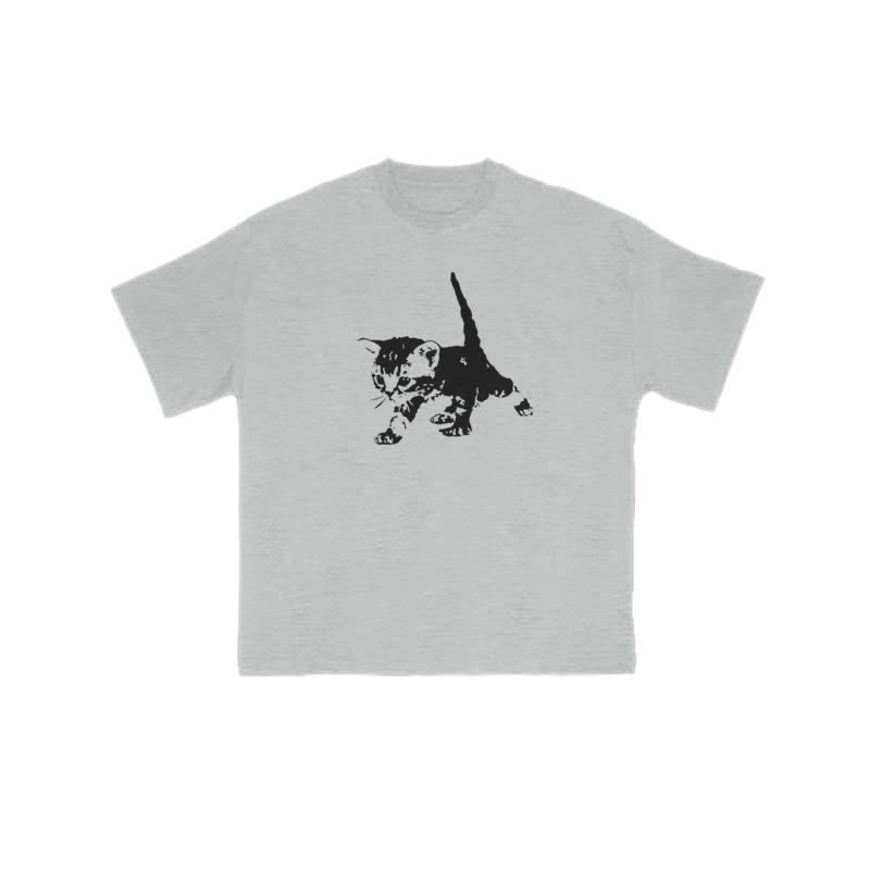 Unisex 100% Cotton Cute Cat Art Print T-shirt - Grey - US16-18(2XL) - image 3
