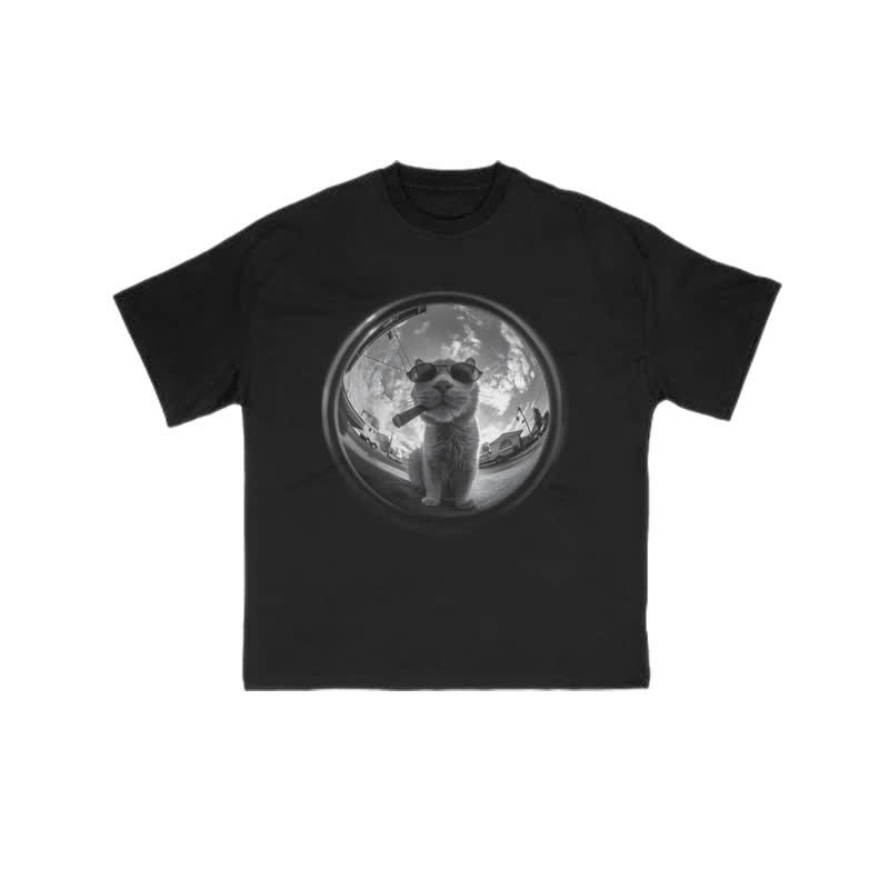 Unisex 100% Cotton Interest Cat Art Print T-shirt - Black - US16-18(2XL) - image 1