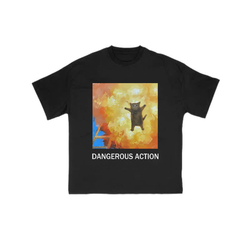 Unisex 100% Cotton Dangerous Action Cat Art Print T-shirt - Black - US16-18(2XL) - image 1