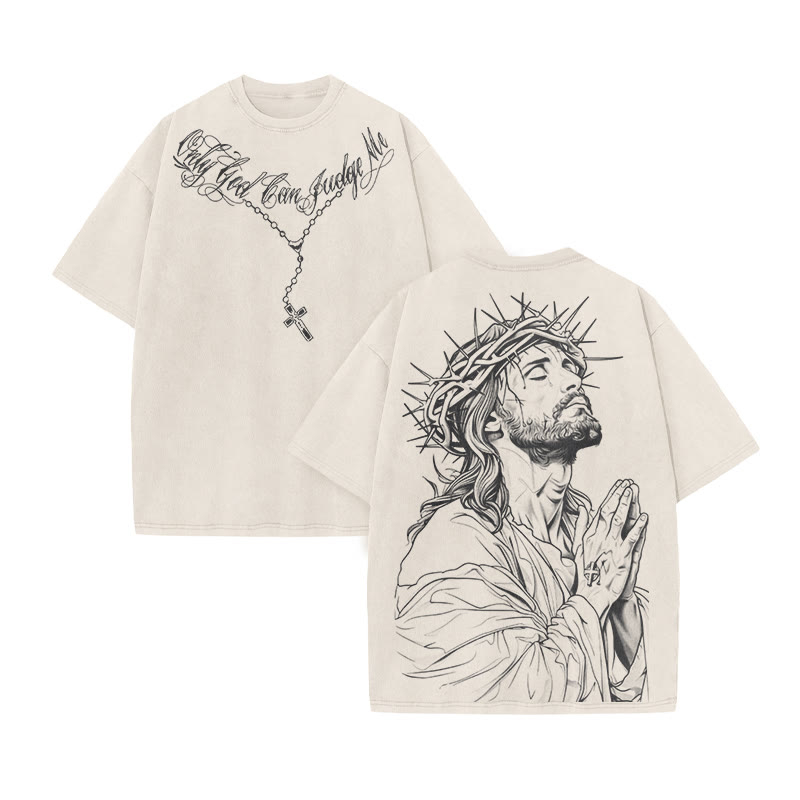 Unisex 100% Cotton Only God Can Judge Me Print Acid Washed T-shirt - Beige - US20-22(3XL) - image 2