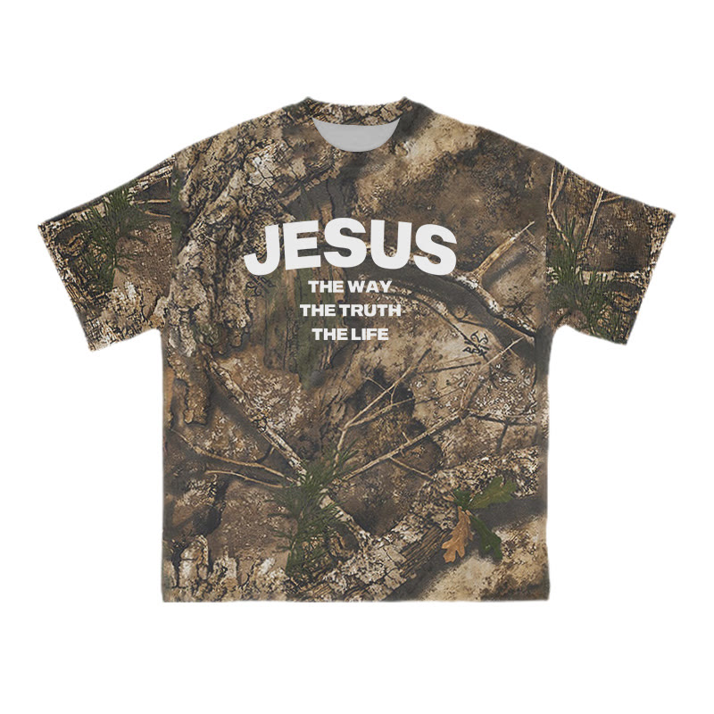 Unisex Jesus Is The Way The Truth The Life Dead Leaves Camo Print T-shirt - Brown - 8XL - image 1