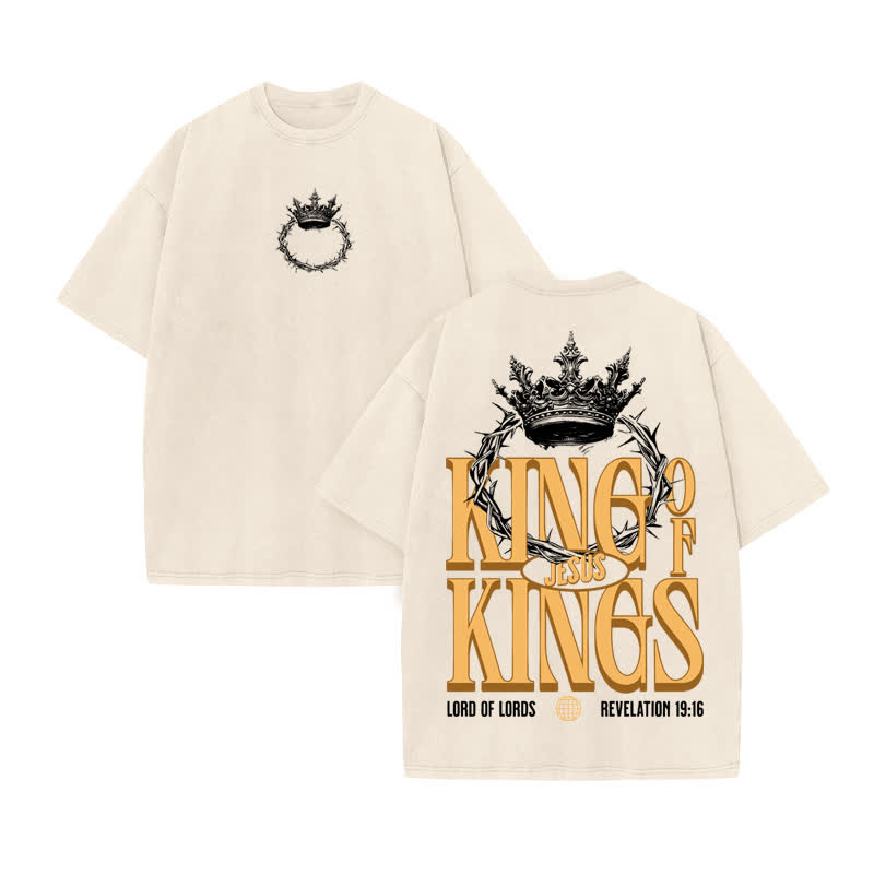 Unisex 100% Cotton JESUS IS KING OF KINGS Print Acid Washed T-shirt - Beige - US20-22(3XL) - image 2
