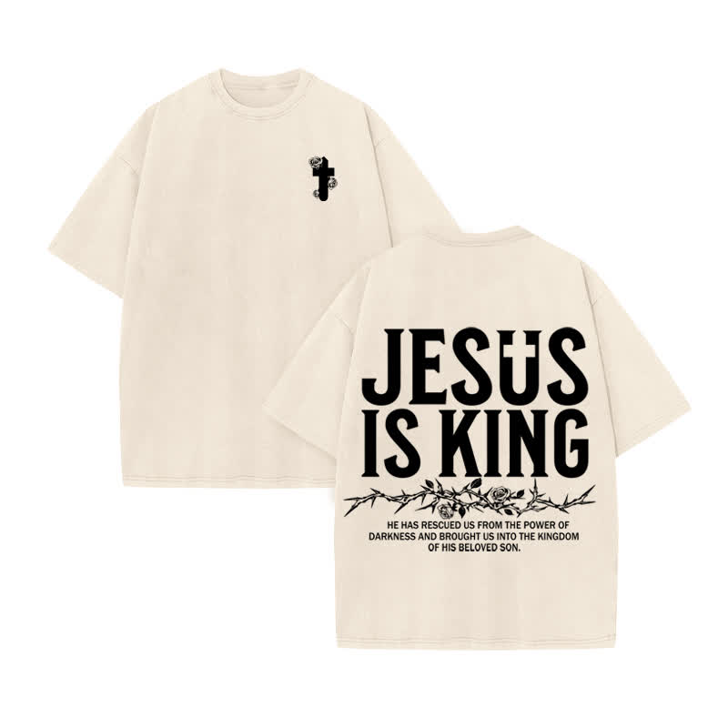 Unisex 100% Cotton Jesus Is King Flower Of Thorns Print Acid Washed T-shirt - Beige - US20-22(3XL) - image 2
