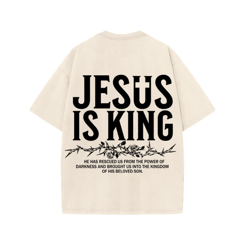 Unisex 100% Cotton Jesus Is King Flower Of Thorns Print Acid Washed T-shirt - image 1