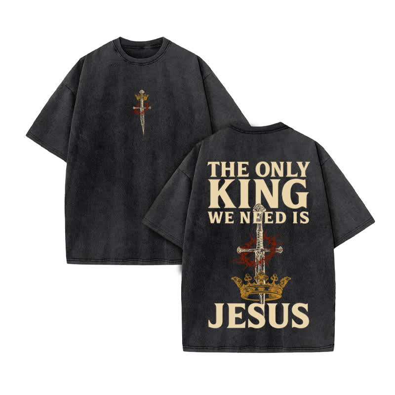 Unisex 100% Cotton JESUS IS THE ONLY KING Print Acid Washed T-shirt - Black - US20-22(3XL) - image 2