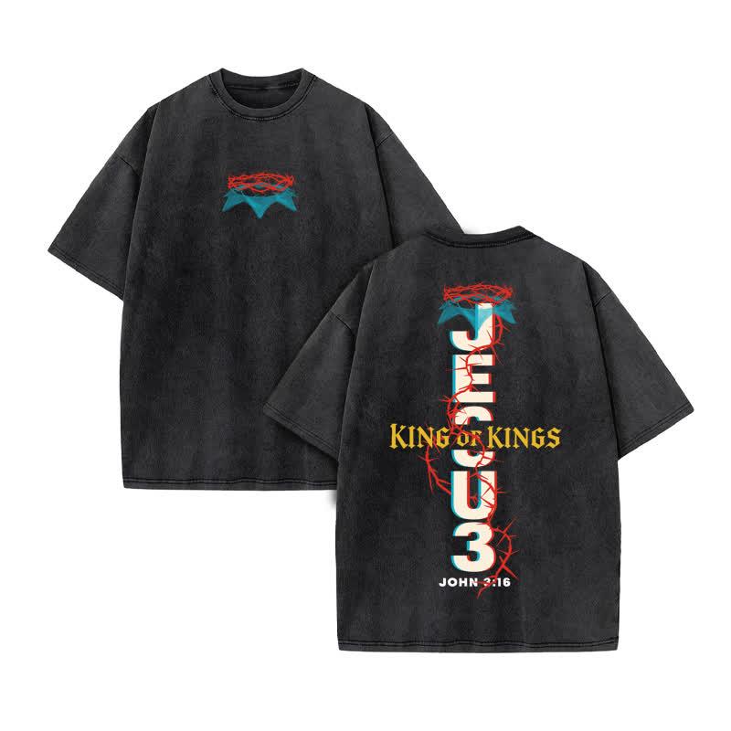 Unisex 100% Cotton Jesus Is King Tangled With Thorns Print Acid Washed T-shirt - Black - US20-22(3XL) - image 2