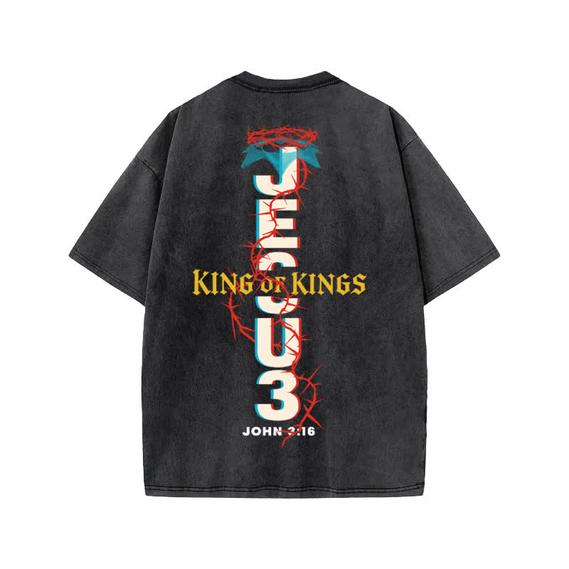 Unisex 100% Cotton Jesus Is King Tangled With Thorns Print Acid Washed T-shirt - image 1