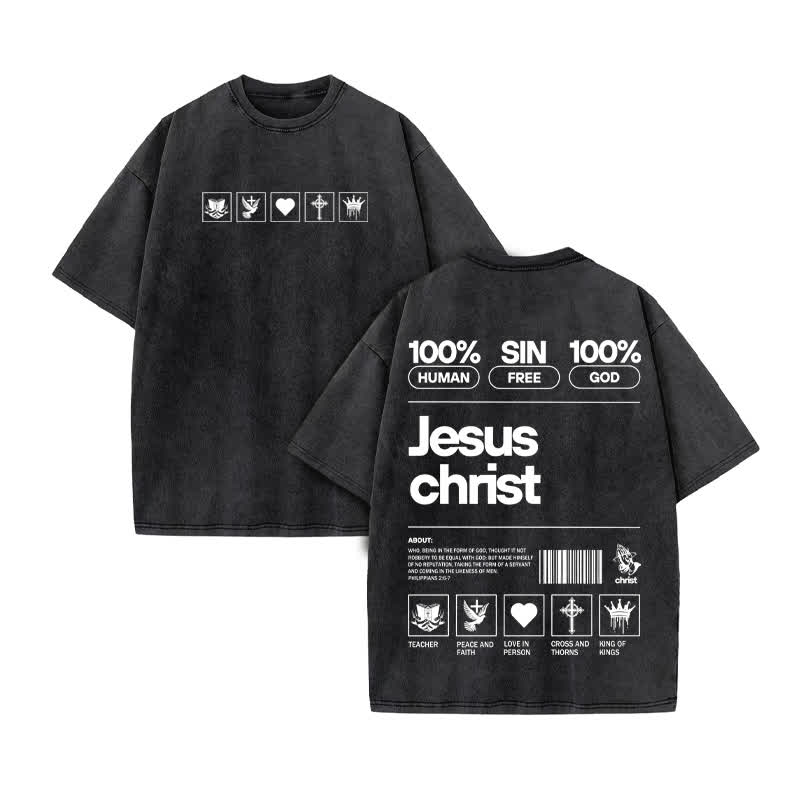 Unisex 100% Cotton Jesus Christ Print Acid Washed T-shirt - Black - US20-22(3XL) - image 3